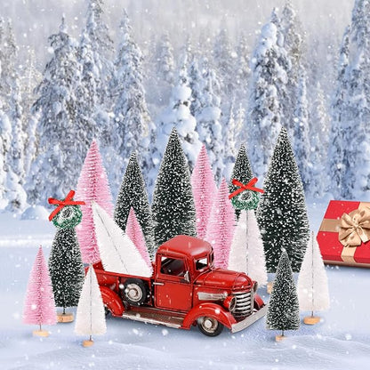 Waipfaru Pink Christmas Decorations, Mini Bottle Brush Christmas Trees, 21 Pcs Miniature Small Pine Trees for Xmas Tabletop Crafts Indoor Table Home Decor (Pink & White)
