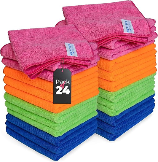 Microfiber Cleaning Cloth - Pack of 24 (12.5"x12.5") Multi Color, Non-Abrasive, Ultra-Absorbent, Lint-Free Towels for Cars, Reusable Cleaning Rags