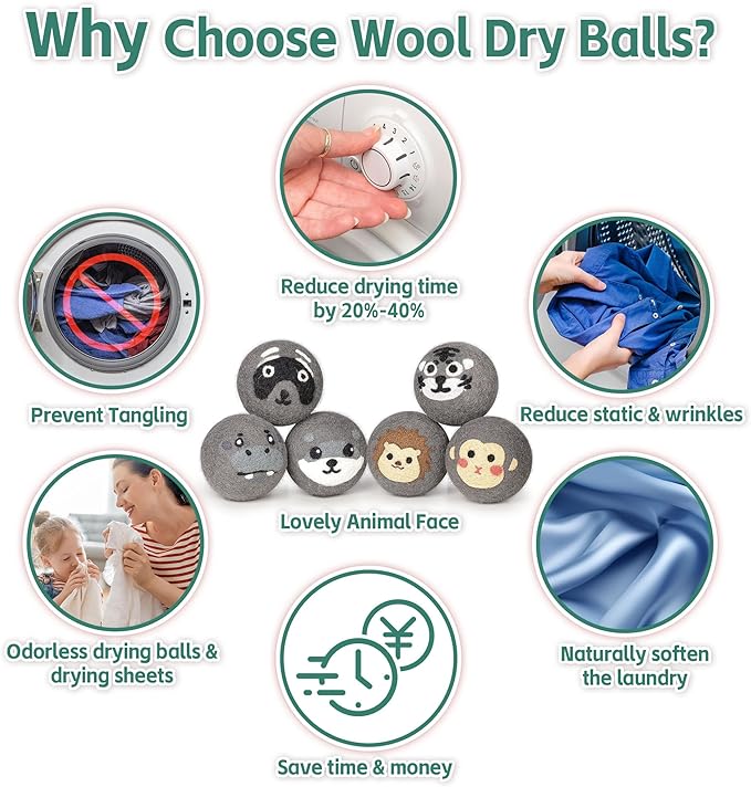 Lypumso Wool Dryer Balls Organic 6 Pack-XL, 100% New Zealand Wool Reusable Fabric Softener for Up to 1000 Loads, Anti Clothing Static and Shorten Drying Time, Baby Safe & Hypoallergenic