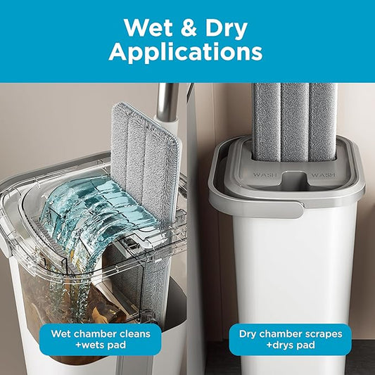 BLACK+DECKER Magic Mop with Bucket, Wet and Dry Chambers, 56" Handle, Washable Microfiber Pads