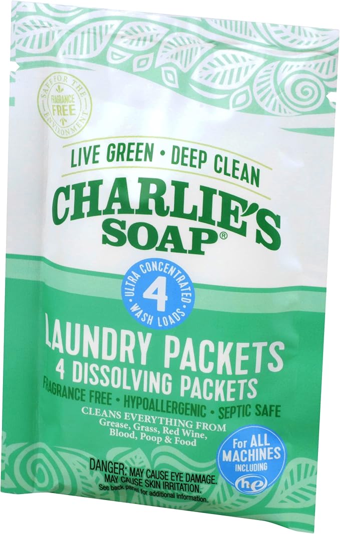 Charlie's Soap Hypoallergenic Unscented Laundry Packets Travel Size, Pack of 2 (8 Total Loads)