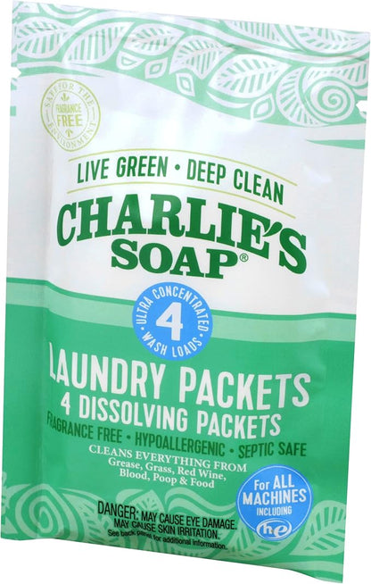 Charlie's Soap Hypoallergenic Unscented Laundry Packets Travel Size, Pack of 2 (8 Total Loads)
