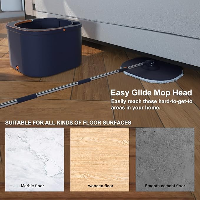 MOLACHI Flat Floor Mop and Bucket System Set with Wringer, Self Wringing Microfiber Spin Mops Bucket for Hardwood, Laminate, Tile, Floor Cleaning, Separate Dirty Water, Wet and Dry Use, Navy Blue