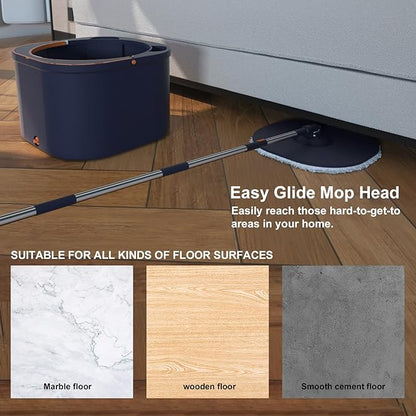 MOLACHI Flat Floor Mop and Bucket System Set with Wringer, Self Wringing Microfiber Spin Mops Bucket for Hardwood, Laminate, Tile, Floor Cleaning, Separate Dirty Water, Wet and Dry Use, Navy Blue