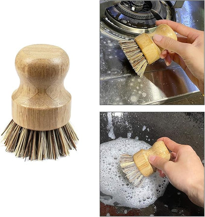 AUEAR, Natural Bamboo Dish Scrub Brush Cleaning Pot Scrubber Brushes Coconut Bristles for Cast Iron Skillet Pots Pans (2-Pack, Deep Color)