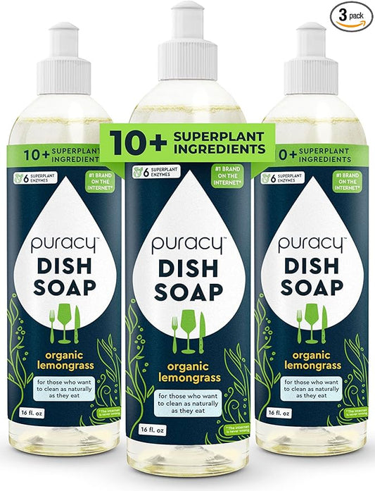 Puracy Natural Dish Soap - Skin-Softening Plant-Based Dishwashing Soap, Non-Toxic Dish Soap, Organic Liquid Dishwashing Detergent Soap (Organic Lemongrass, 16 fl oz, 3 Pack)