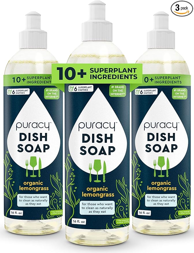 Puracy Natural Dish Soap - Skin-Softening Plant-Based Dishwashing Soap, Non-Toxic Dish Soap, Organic Liquid Dishwashing Detergent Soap (Organic Lemongrass, 16 fl oz, 3 Pack)