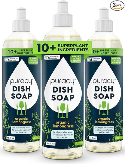 Puracy Natural Dish Soap - Skin-Softening Plant-Based Dishwashing Soap, Non-Toxic Dish Soap, Organic Liquid Dishwashing Detergent Soap (Organic Lemongrass, 16 fl oz, 3 Pack)