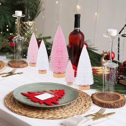 Leyndo 9 Pcs Pink Color Mini Sisal Bottle Brush Trees Small Artificial Christmas Tree with Wood Base Christmas Pine Decor for Home Table Holiday Party Decor