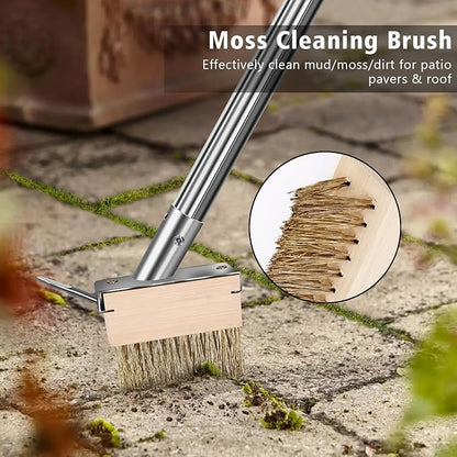 Crack Weeder Brush Heavy Duty Wire Broom Set, Multifunction Moss Grout Remover with Scraper Weed Puller, Detachable 64.9in Handle for Outdoor Deck Pavers Patios Walkways Concrete Floor Cleaning