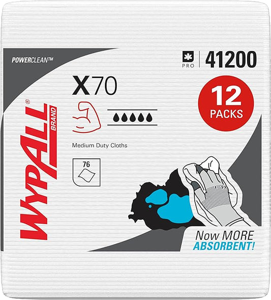 WypAll PowerClean X70 Cloths Medium Duty Wipes (41200), Quarterfold, Long Lasting Towels, White (12 Packs of 76 Sheets, 912 Sheet Total)