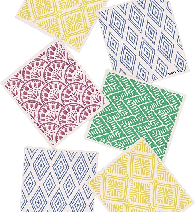 RECYCO Reusable Dish Cloth 12 Pack Swedish Dish Clothes for Kitchen Counter Cotton Cellulose Absorbent Machine Washable Plant Based Okeo Tex Standard 100 Sponge Wipes Women Owned (Boho)