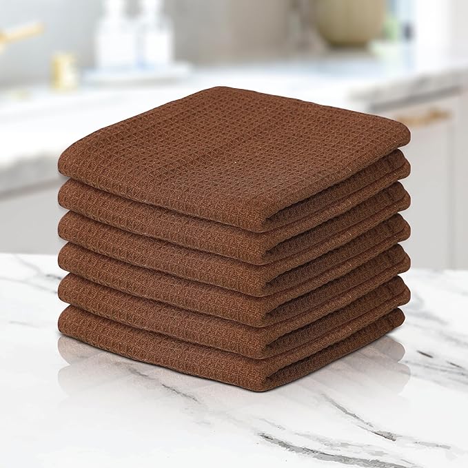 100% Cotton Waffle Dish Cloths (Pack of 6) - Dish Rags for Washing Dishes - Reusable & Highly Absorbent Kitchen Towels - Multipurpose Kitchen Rags - (12" x 12" - Brown)