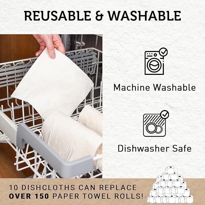 Nordhus Design Swedish Dishcloths, White 10-Pack, Reusable, Washable Cellulose Cotton Kitchen Cloths - Replace Paper Towels, Wipes, Sponges, Dish Rags
