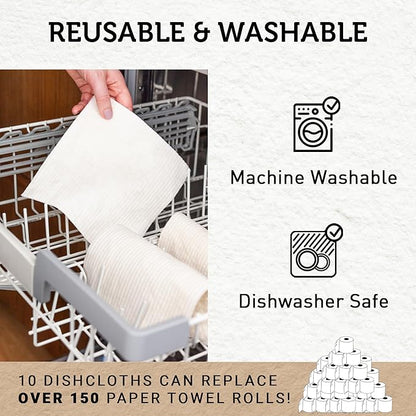 Nordhus Design Swedish Dishcloths, White 10-Pack, Reusable, Washable Cellulose Cotton Kitchen Cloths - Replace Paper Towels, Wipes, Sponges, Dish Rags