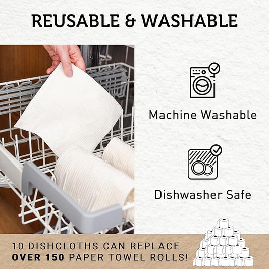 Nordhus Design Swedish Dishcloths, White 10-Pack, Reusable, Washable Cellulose Cotton Kitchen Cloths - Replace Paper Towels, Wipes, Sponges, Dish Rags