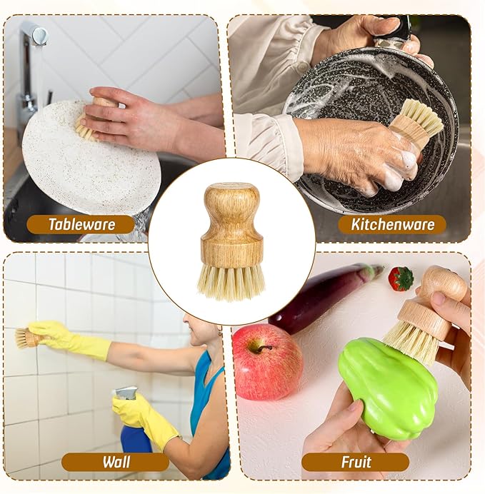 12 Pcs Bamboo Dish Scrub Brushes Kitchen Dishwashing Cleaning Brush Wooden Scrubbers Set Sisal Bristles Cleaner Scrubber for Washing Cast Iron Pan Pot Sink Spatula
