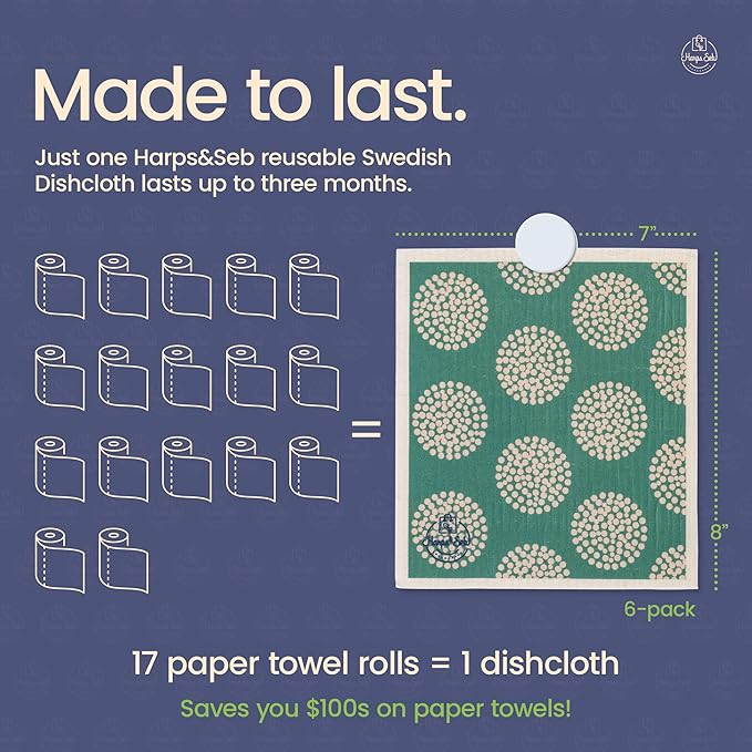 Harps&Seb Swedish Dishcloths for Kitchen Dish Towels - 6 Pack, Reusable Paper Towels with Clips, Super Absorbent Washable Non-Scratch Swedish Dish Towels, No Odor, Biodegradable