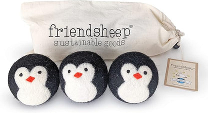 Wool Dryer Balls by Friendsheep 3 Pack XL Organic Premium Reusable Cruelty Free Handmade Fair Trade No Lint Fabric Softener Penguin Trio