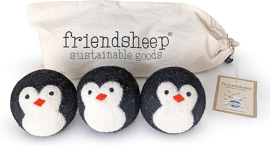 Wool Dryer Balls by Friendsheep 3 Pack XL Organic Premium Reusable Cruelty Free Handmade Fair Trade No Lint Fabric Softener Penguin Trio