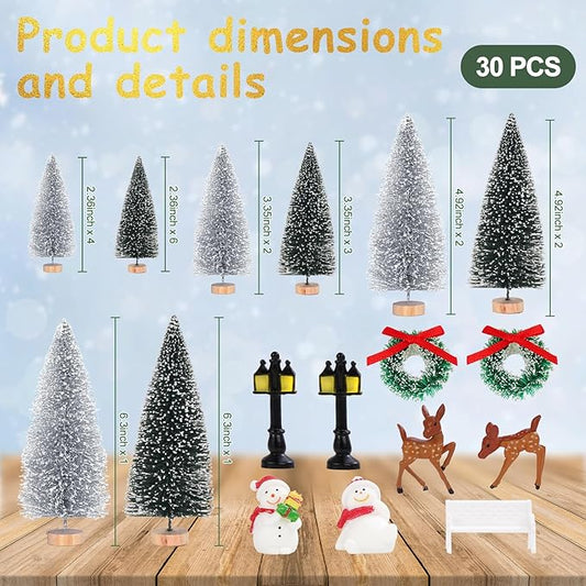 Waipfaru Christmas Village Accessories, 30 Pcs Christmas Village Display Platforms with Snowman, Mini Bottle Brush Christmas Trees, Miniature Small Pine Trees for Xmas Table Winter Decor