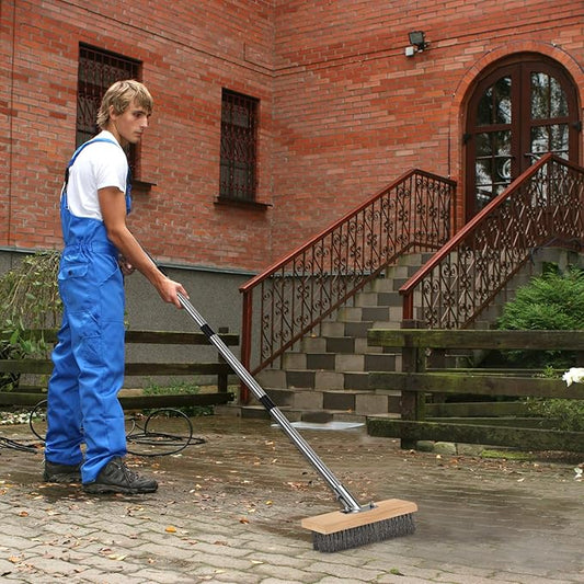 Heavy Duty Wire Brush, Multifunction Outdoor Push Broom for Garden Cleaning, Wide Metal Scrub Broom with Detachable 64.9in Handle for Deck Pavers Patios Walkways Concrete Floor