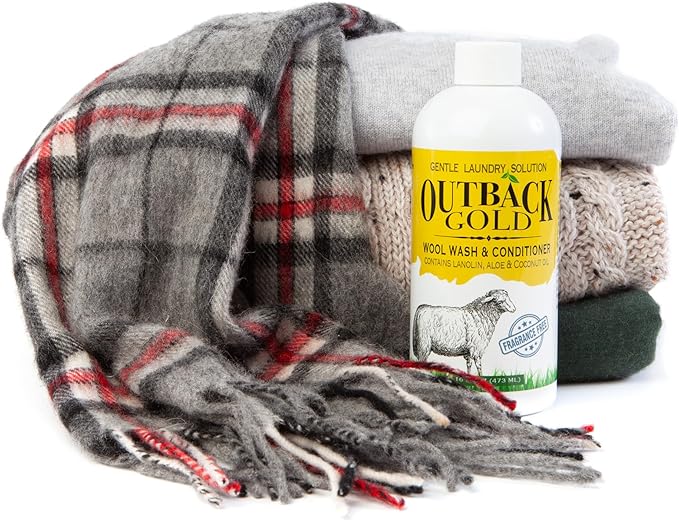 Outback Gold Wool Wash, 16 Oz, HE Compatible, Plant Based, Unscented, Fragrance Free, Neutral pH Laundry Detergent for Wool, Cashmere, Silk, Sheepskin, Baby Items, Mild and Enzyme Free, Made in USA