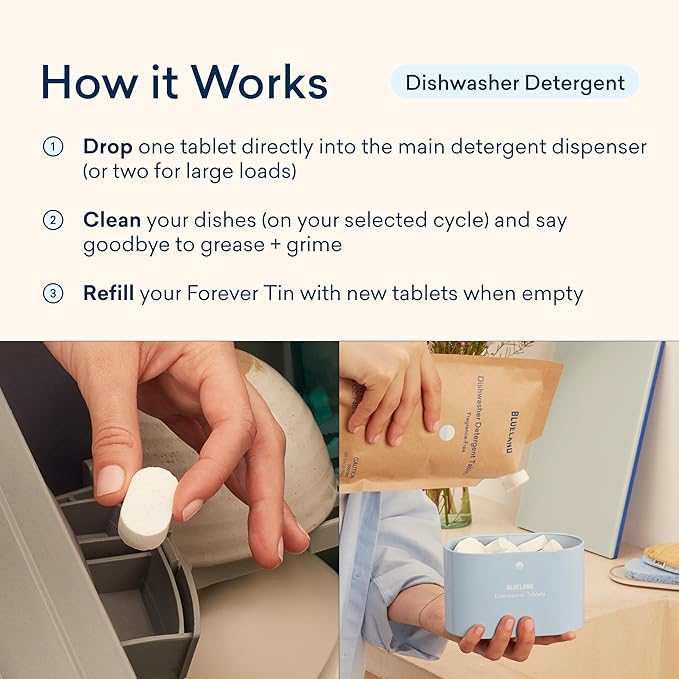 BLUELAND Dishwasher Detergent Tablets, Starter Set, 60 Count with Tin, Unscented 100% Plastic-Free Eco Friendly Dishwashing Pods, Natural, Sustainable