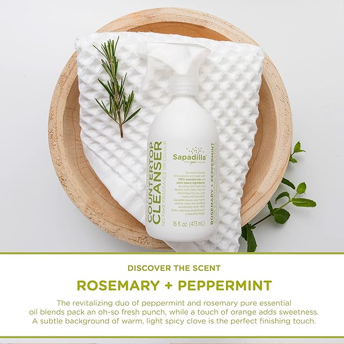 Sapadilla Multi-Surface Countertop Spray - Rosemary + Peppermint - Made with 100% Pure Essential Oil Blends, Multi-Purpose Household Cleaner, Aromatic, Plant Based, Biodegradable, 16 Ounce (Pack of 2)