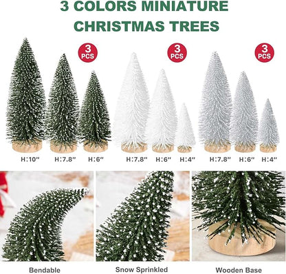 9pcs Mini Christmas Tree Desktop, Artificial Christmas Pine Tree, Mini Bottle Brush Trees Tabletop, Small Sisal Trees with Wooden Bases, Xmas Holiday Decor (Green-Silver-White)
