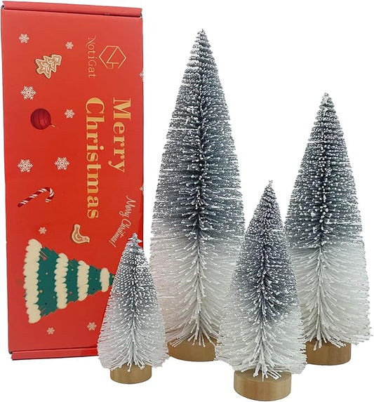 Mini Christmas Tree Bottle Brush Christmas Trees Decor for Christmas Decorations Wooden Bases (Silver and White)