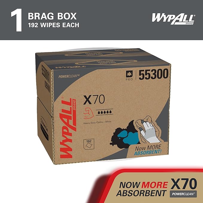 WypAll PowerClean X70 Cloths Medium Duty Wipes (55300), Brag Box, Long Lasting Towels, White (1 Pack of 192 Sheets, 192 Sheet Total)