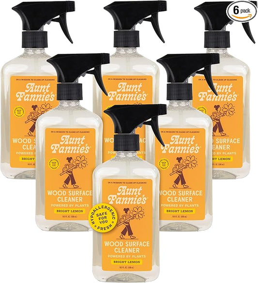 Aunt Fannie's All Purpose Wood Spray Cleaner, No-Wax Formula, Perfect for Wood Tables, Walls, Counters & Shelves, 16.9 Ounces, Lemon Scent (Pack of 6)