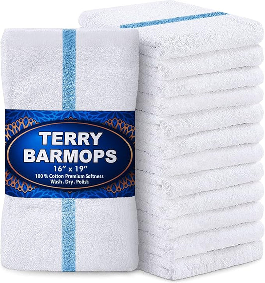 GREEN LIFESTYLE Blue Stripe Terry Kitchen Bar Mops 28 Oz- 16 X 19 inches, Highly Absorbent, Ultra-Light, and Durable, Pack of 12