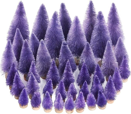 Yookat 40Pcs Mini Pine Trees Artificial Mini Trees with Wood Base Sisal Trees Bottle Brush Trees Assorted Color for Christmas Decoration Winter Ornaments DIY Crafts (Purple)