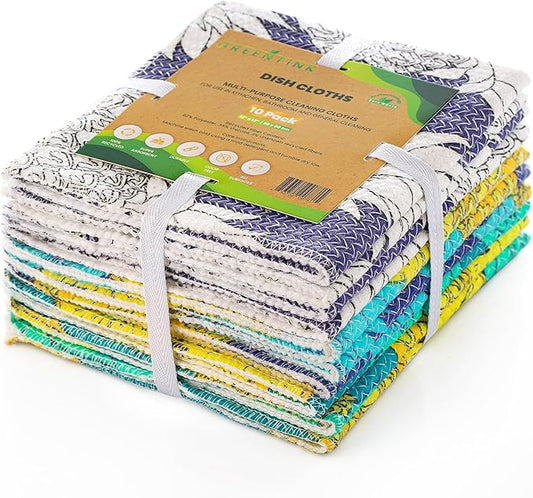 Eco-Friendly Reusable Dish Cloth Set – 10-Pk Multipurpose Kitchen Cleaning Cloth Made from Recycled Materials – Absorbent Dish Towels & Non-Scratch Cleaning Rags, 12x12 in.