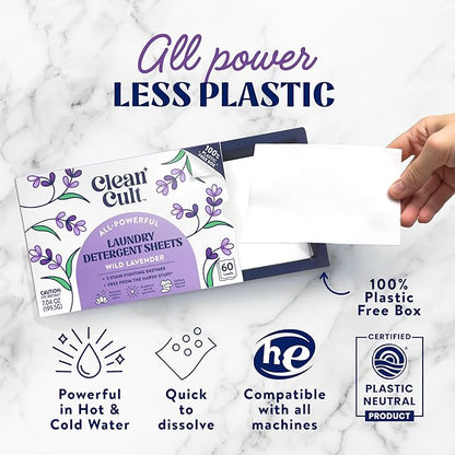 Cleancult Laundry Detergent Sheets - Resealable Box - 3 Stain Fighting Enzymes - Wild Lavender - 60 Loads - Free of Harsh Chemicals - No Mess - No Plastic Waste