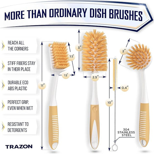 Dish Brush Set of 4 - Kitchen Scrub Brushes with Non-Slip Long Handle for Cleaning, Scrubber, Dishwashing, Dishes, Bottles, Straws, Cups, Pots & Sink, Baige