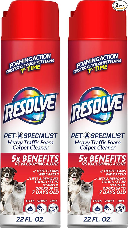 Resolve Pet Specialist Heavy Traffic Foam, Carpet Cleaner, Pet Stain And Odor Remover, Carpet Cleaner Solution, 2 Pack Of 22oz