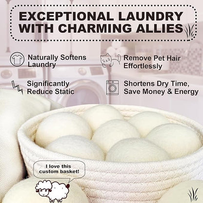 Luxury Natural Wool Dryer Balls, 7-Pack, Save Drying Time and Reduces Clothing Wrinkles, Reusable, Fabric Softener for Laundry, Includes Basket for Easy Access and Aesthetic Laundry Room Decor