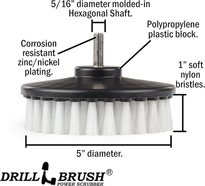 Drillbrush 5" Round Soft Bristle Scrub Brush Power Drill Attachment - Car Carpet Cleaning - Interior Detailing Tool - Tire Cleaner Drill Attachment - Automotive Seat Cleaning Brush - Wheel Polishing