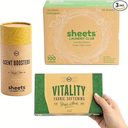 Sheets Laundry Club Bundle - 50 Pack (up to 100 loads) Fresh Linen Detergent Sheets, 40 Pack Vitality Dryer Sheets & 8 Oz. Sandbar Scent Booster - New Liquidless Technology