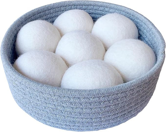 Luxury Natural Wool Dryer Balls, 7-Pack, Save Drying Time and Reduces Clothing Wrinkles, Reusable, Fabric Softener for Laundry, Includes Basket for Easy Access and Aesthetic Laundry Room Decor