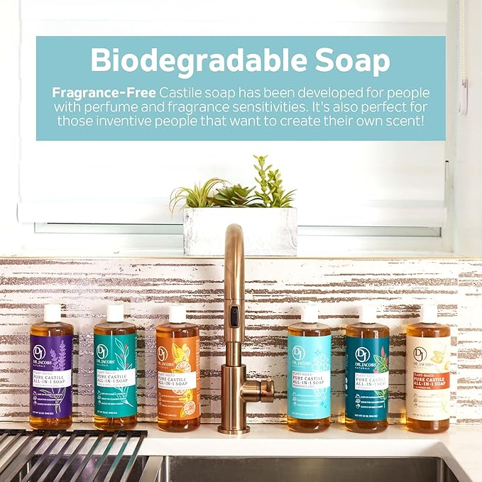 Dr. Jacobs Naturals Fragrance Free Castile All-In-One Cleaner and Soap, Effective Plant-Based Formula for House Cleaning. Eco-friendly for Home Essentials and the Planet (32 Fl Oz, 1 Pack)