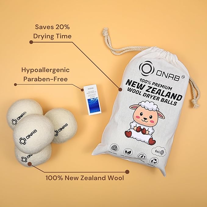 Wool Dryer Balls with 10ml Ocean Scented Essential Oil - 6 Pack XL New Zealand Wool Dryer Balls - Natural & Reusable Fabric Softener, Up to 1000 Loads Time, Reduce Wrinkles & Shorten Drying Time