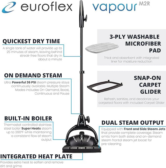 Vapour M2R Steam Mop with Ultra Dry Steam®; "CR Recommended" by Consumer Reports; 295°F & 50 PSI; Italian Engineered; Safe for Hardwood Floors, Tile, Granite, Laminate; 5 Year Warranty