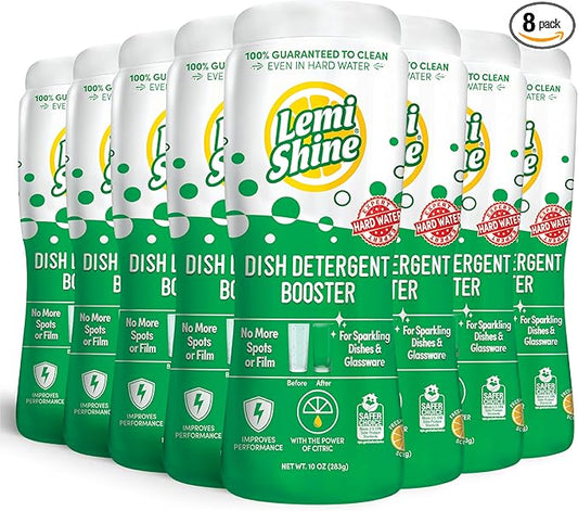 Lemi Shine Dish Detergent Booster, Hard Water Stain Remover, Multi-Use Citric Acid Cleaner 10 oz, Pack of 8