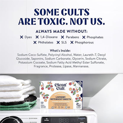 Cleancult Laundry Detergent Sheets - Resealable Box - 3 Stain Fighting Enzymes - Juniper Sandalwood - 60 Loads - Free of Harsh Chemicals - No Mess - No Plastic Waste