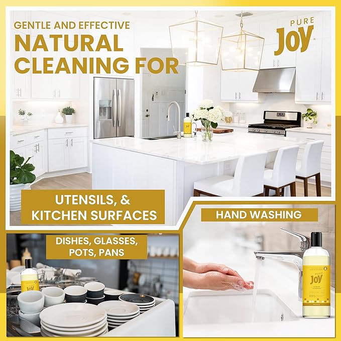 JOY Pure Natural Liquid Dish Soap | Biodegradable Formula | Lemon Verbena Scent | 16 fl. oz - Pack of 3, Bundled With 2 Erase Pads