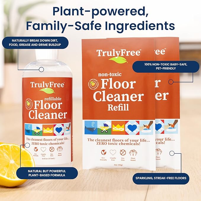 Floor Cleaner Kit - Plant-Based Mopping Solution (16oz Reusable Empty Bottle + Two Pouches, 3oz ea.) - DIY All-Surface Cleaner for Hardwood, Tile, Wood & Concrete
